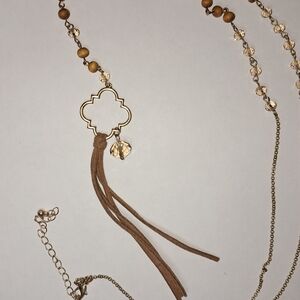 Bohemian Tassel Y-Necklace & Clover Charm (Goldtone)